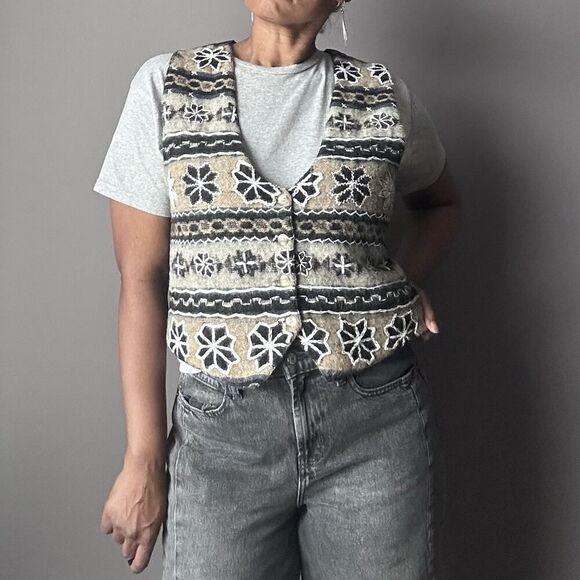 Vintage Jane Ashley Vest Wool Woven Knit Cotton Lined Floral Embroidery Size M - Picture 9 of 10